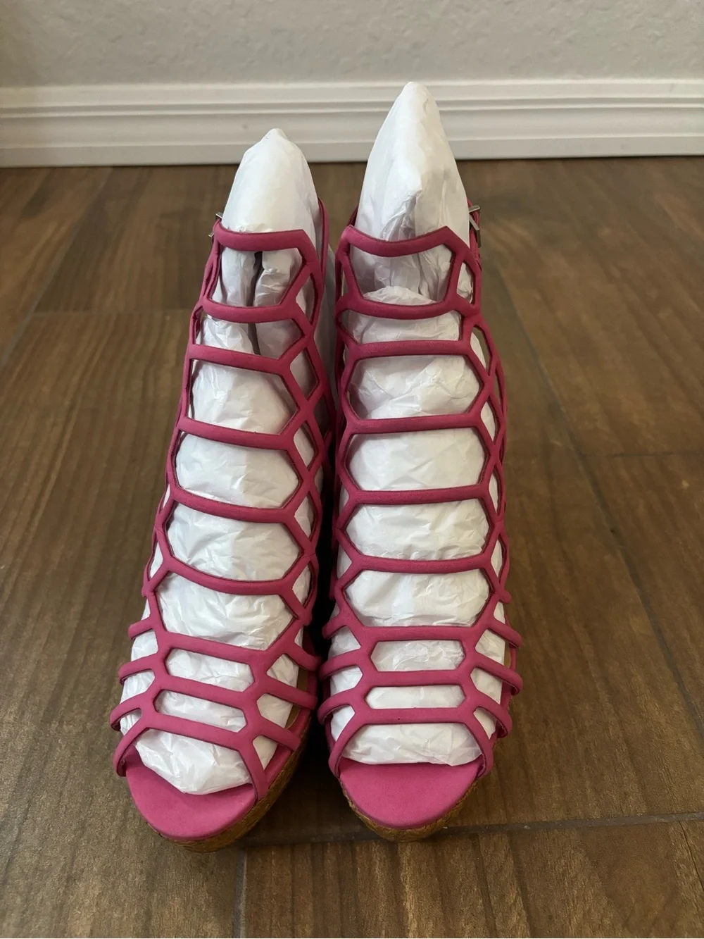 Schutz Marlyn Pink Espadrille Wedge Caged Open Toe Heeled Sandals